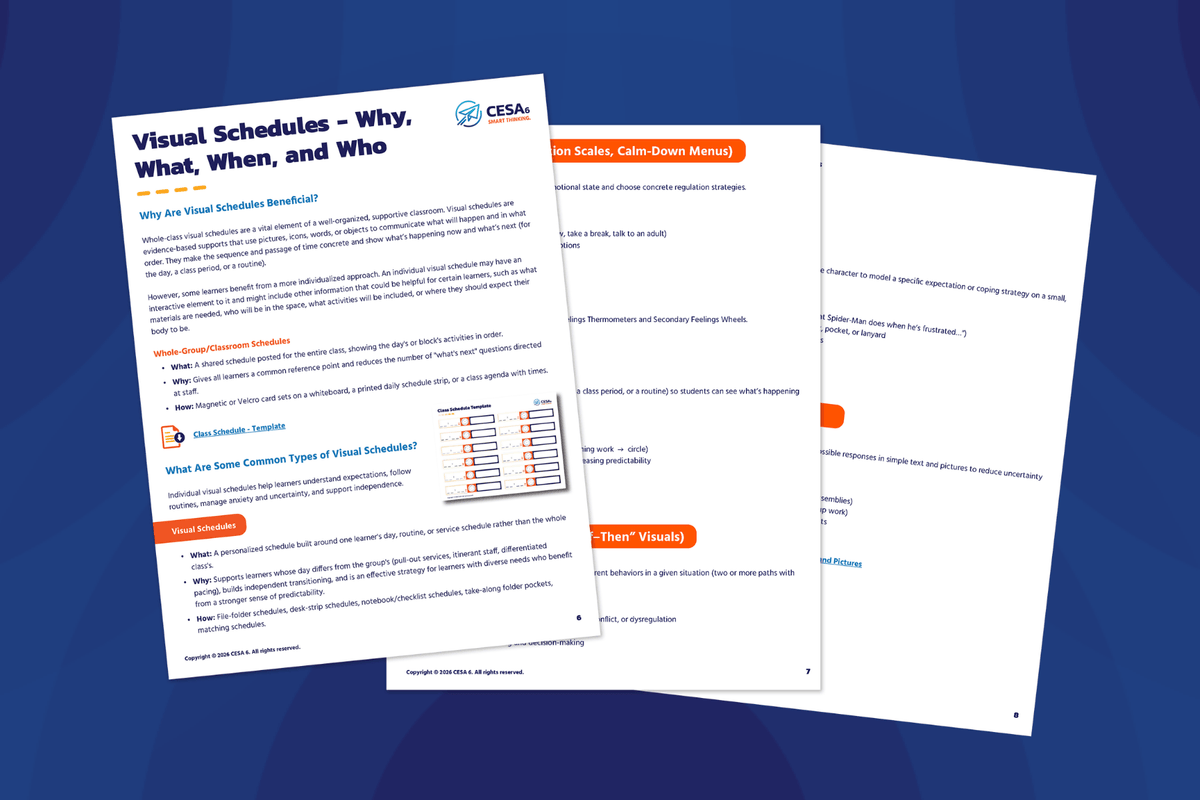 Three overlapping informational flyers titled “Visual Schedules,” with headings, short text, and a sample schedule chart, are displayed on a dark blue background.