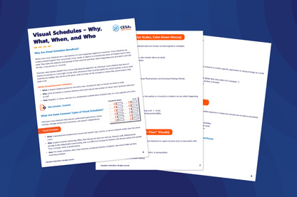 Three overlapping informational flyers titled “Visual Schedules,” with headings, short text, and a sample schedule chart, are displayed on a dark blue background.