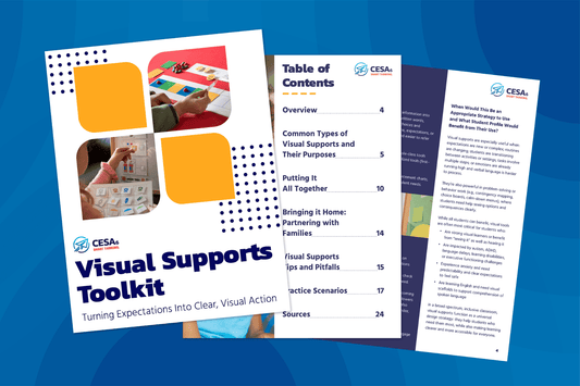 Cover of the "Visual Supports Toolkit" by CESA. It features colorful graphics, table of contents, and highlights visual aid strategies for families.