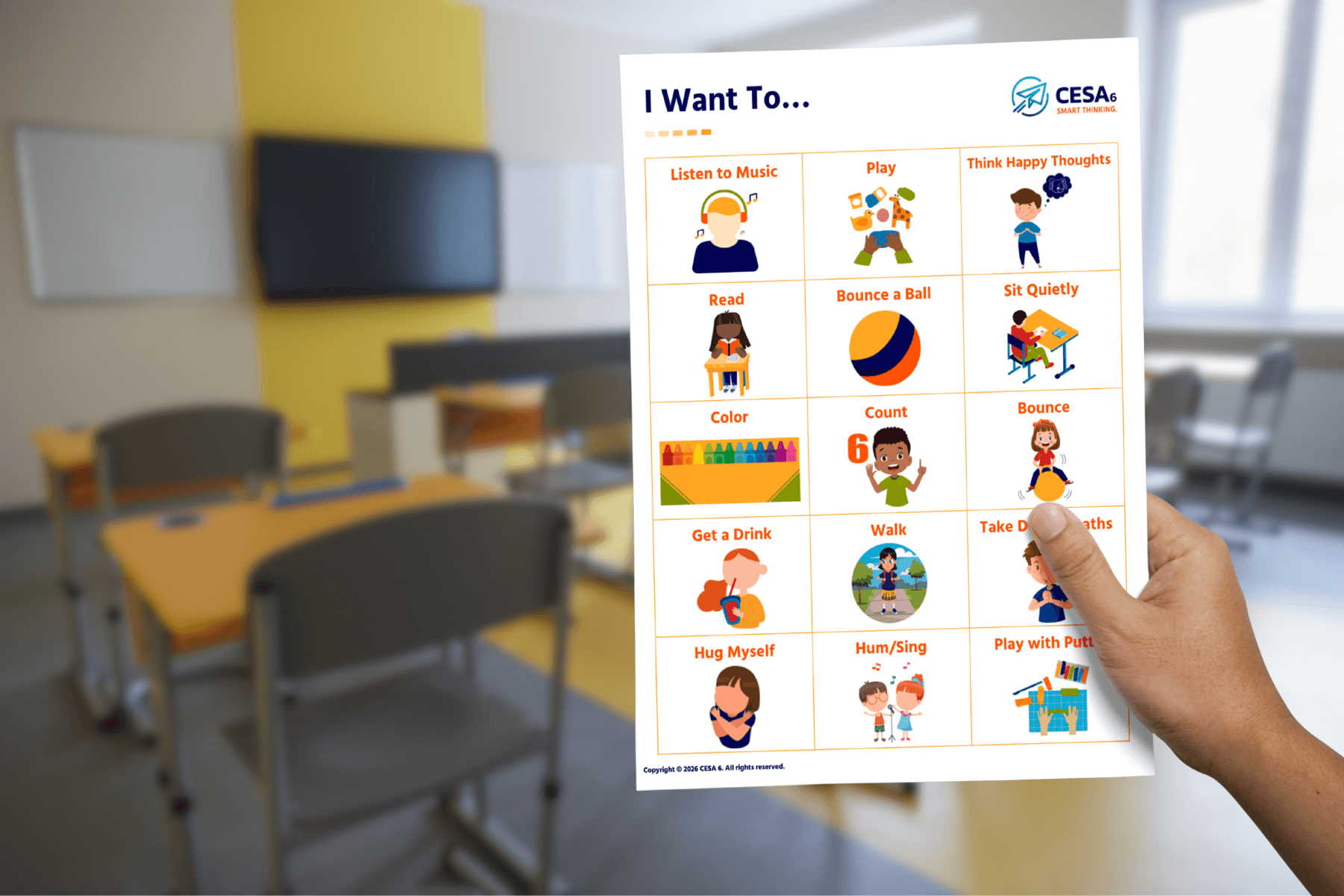 A person holds a colorful activity chart in a classroom, listing options like "Listen to Music," "Play," and "Read," surrounded by simple illustrations.