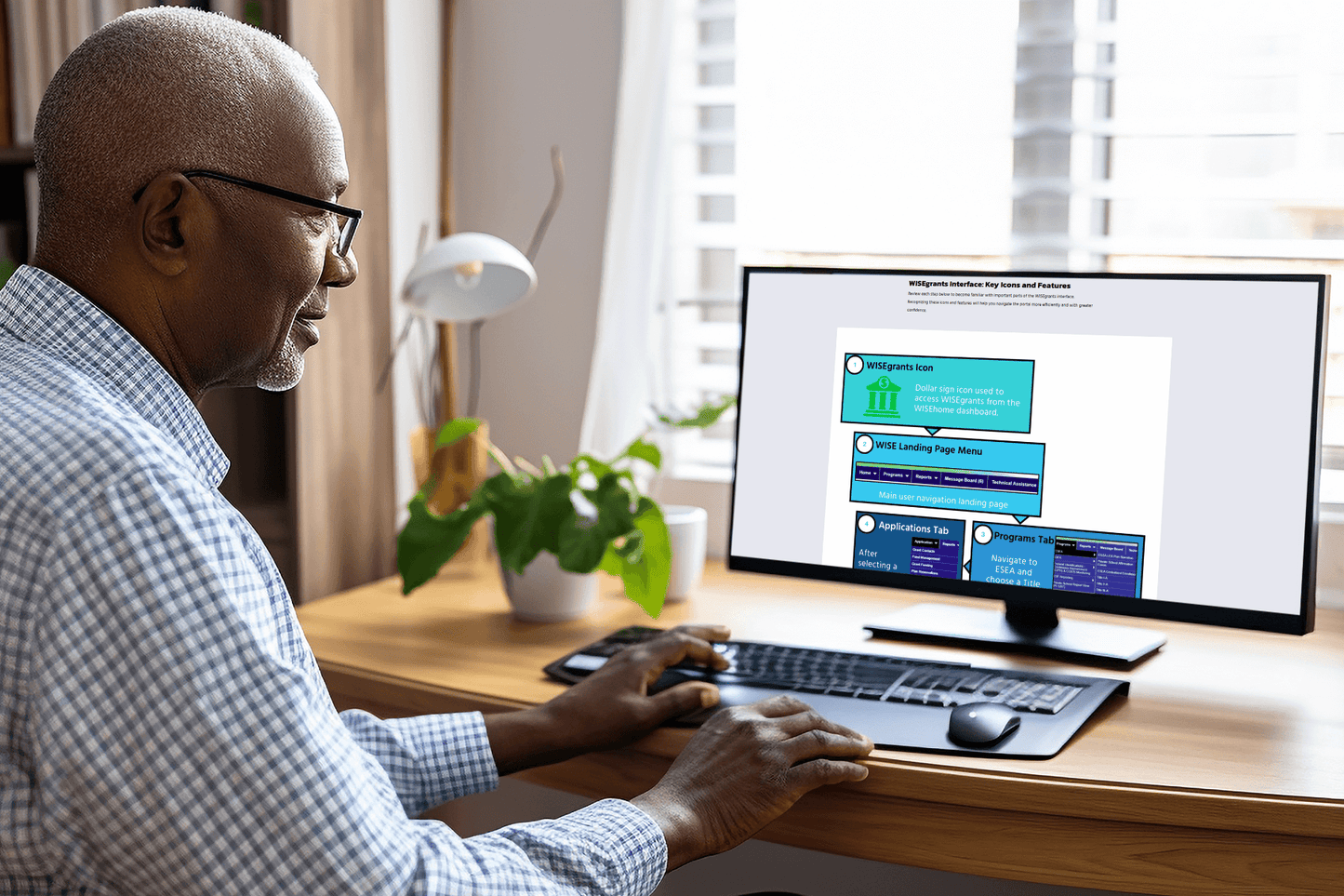 A person sits at a desk using a computer, viewing a colorful digital display of the WISEgrants interface. The room is bright, with plants and a lamp adding a cozy feel.