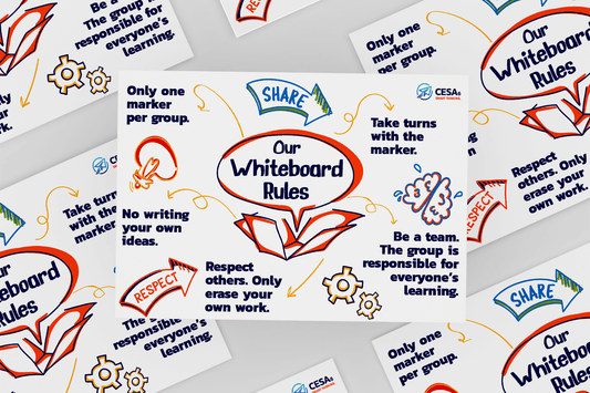 A colorful classroom poster titled "Our Whiteboard Rules" is centered on a white background with multiple copies scattered behind it. The main poster features a red outline of an open book at the center, surrounded by rules written in bold navy blue text. Illustrations of a lightbulb, gears, a brain, and arrows decorate the poster. The CESA 6 logo appears in the top right corner.