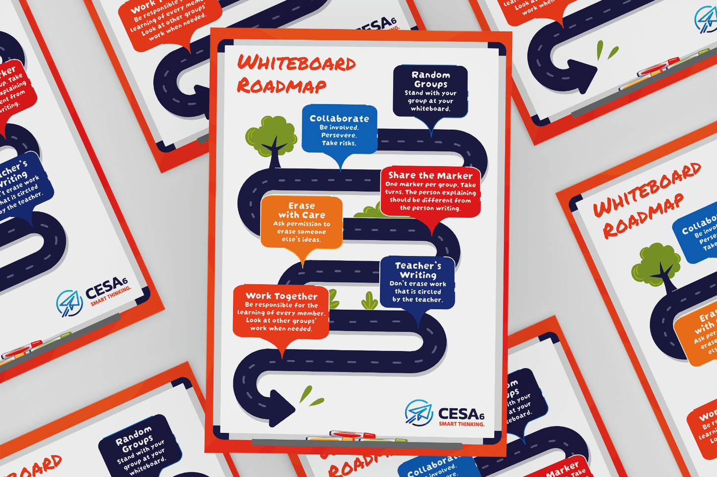 A classroom poster titled “Whiteboard Roadmap” features a winding black road with directional arrows, set against a white background and framed in red and navy. Along the road are seven colorful speech bubbles with white text, each representing a classroom norm. A green tree and small green sprouts accent the road, and the bottom corner features the CESA 6 logo with the tagline “Smart Thinking.”