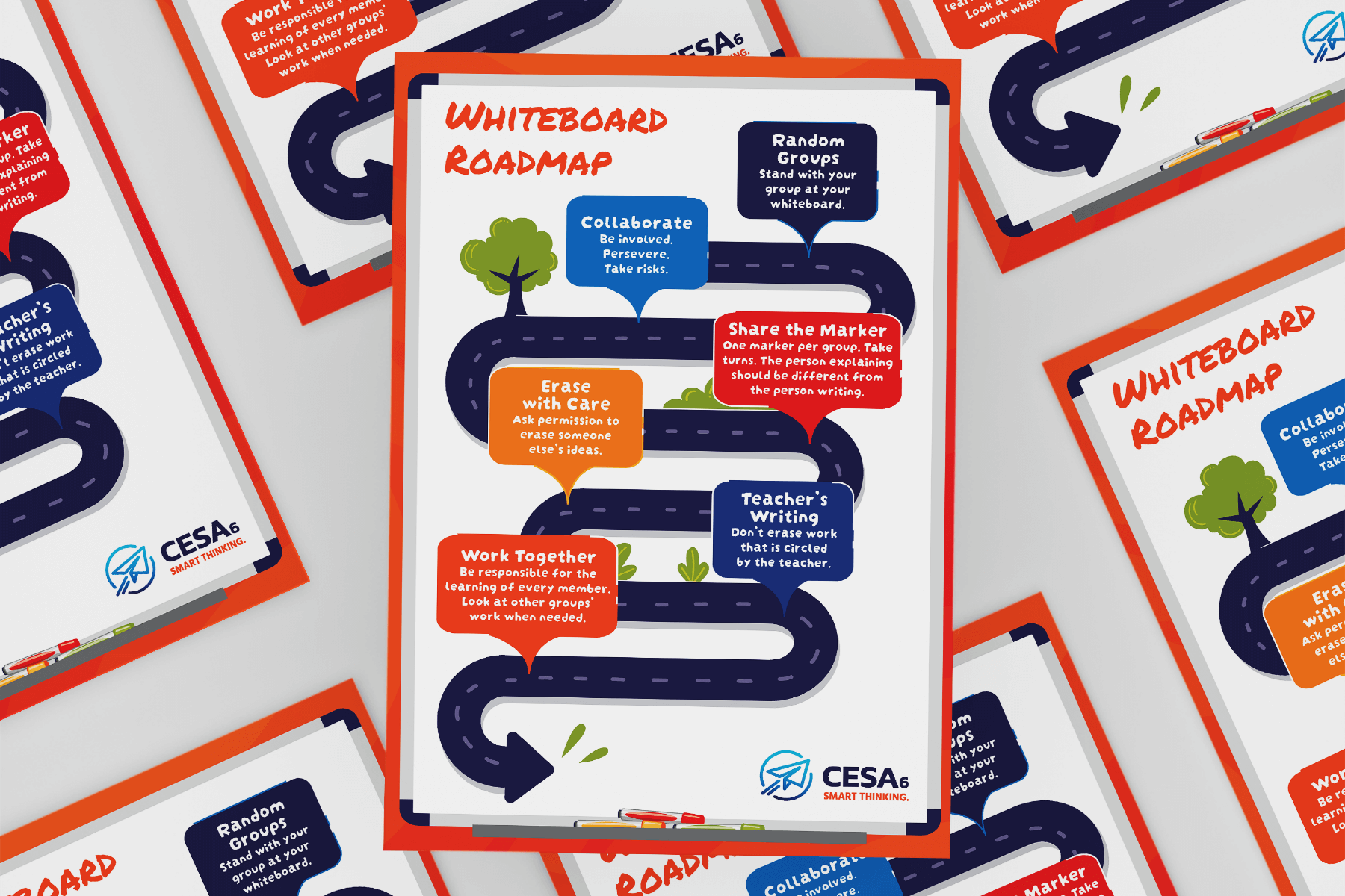 A classroom poster titled “Whiteboard Roadmap” features a winding black road with directional arrows, set against a white background and framed in red and navy. Along the road are seven colorful speech bubbles with white text, each representing a classroom norm. A green tree and small green sprouts accent the road, and the bottom corner features the CESA 6 logo with the tagline “Smart Thinking.”