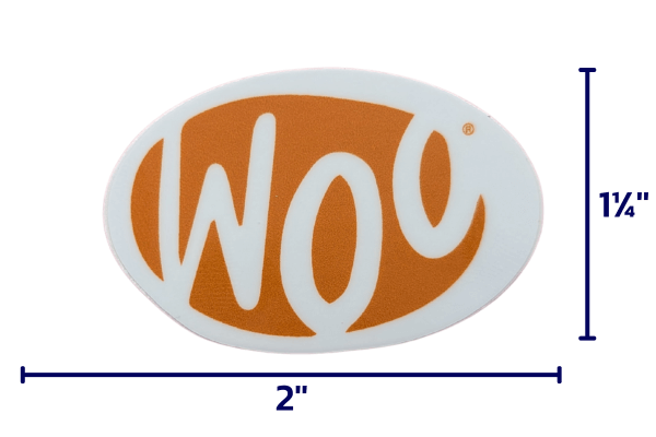 The Woo® Sticker is orange (Influencing) and is 2'' x 1 1/4'' 