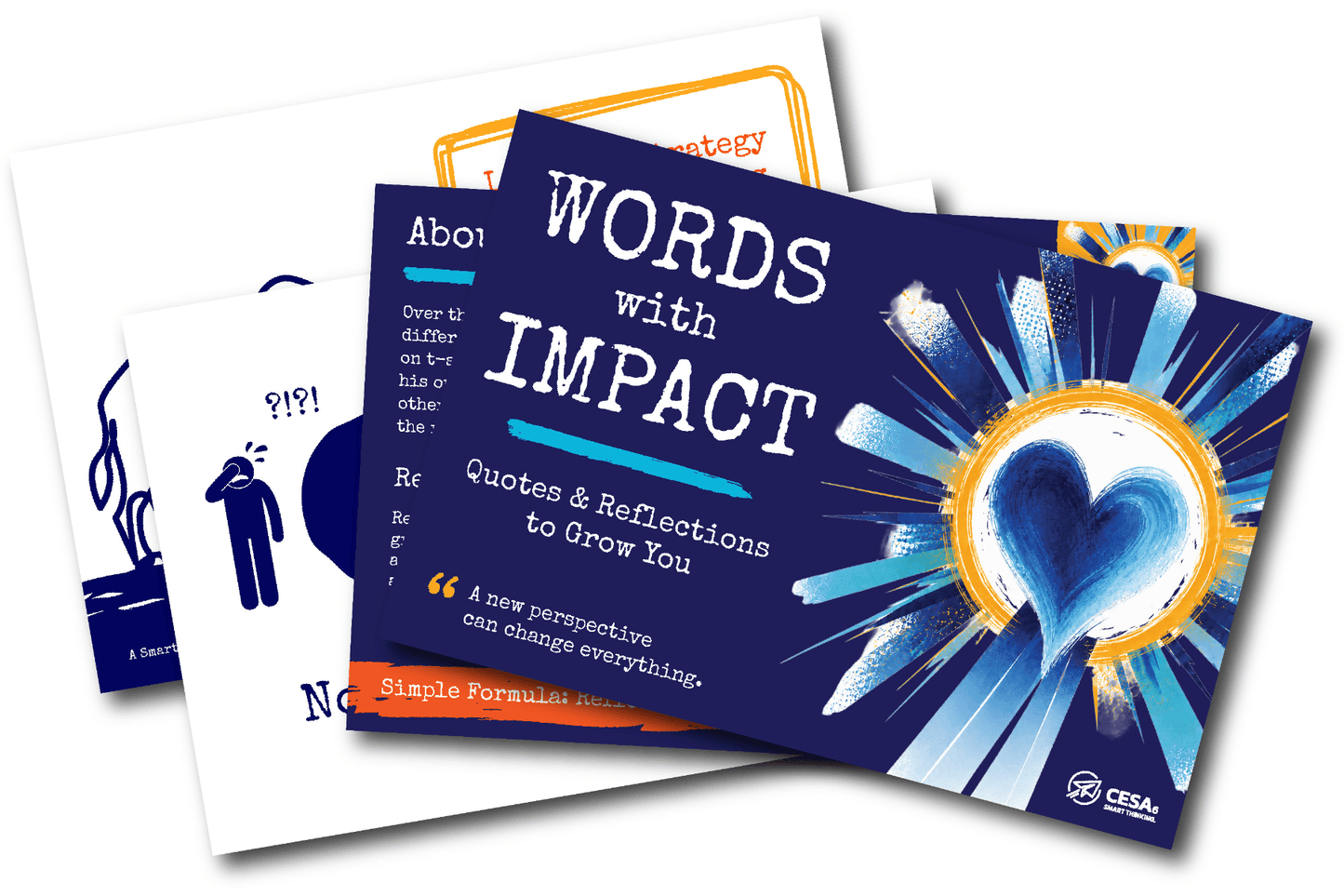 A stack of cards features a prominent one with "Words with Impact" in bold letters and a heart design. The overall tone is motivational and artistic.