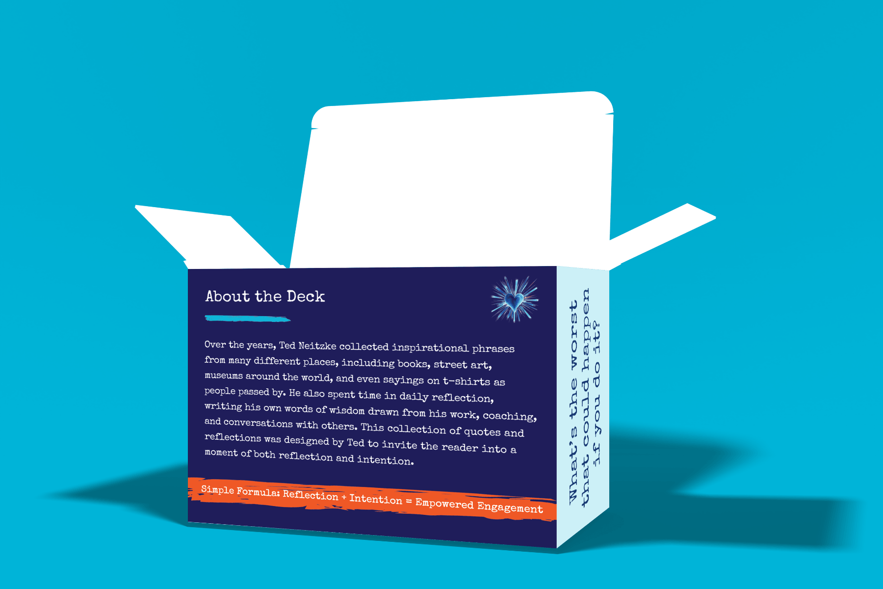The image shows an open "Words With Impact" box on a blue background. The box includes a text section titled "About the Deck," highlighting inspirational content. The box's side reads, "What's the worst thing that could happen if you do it?" The tone is motivational and reflective.