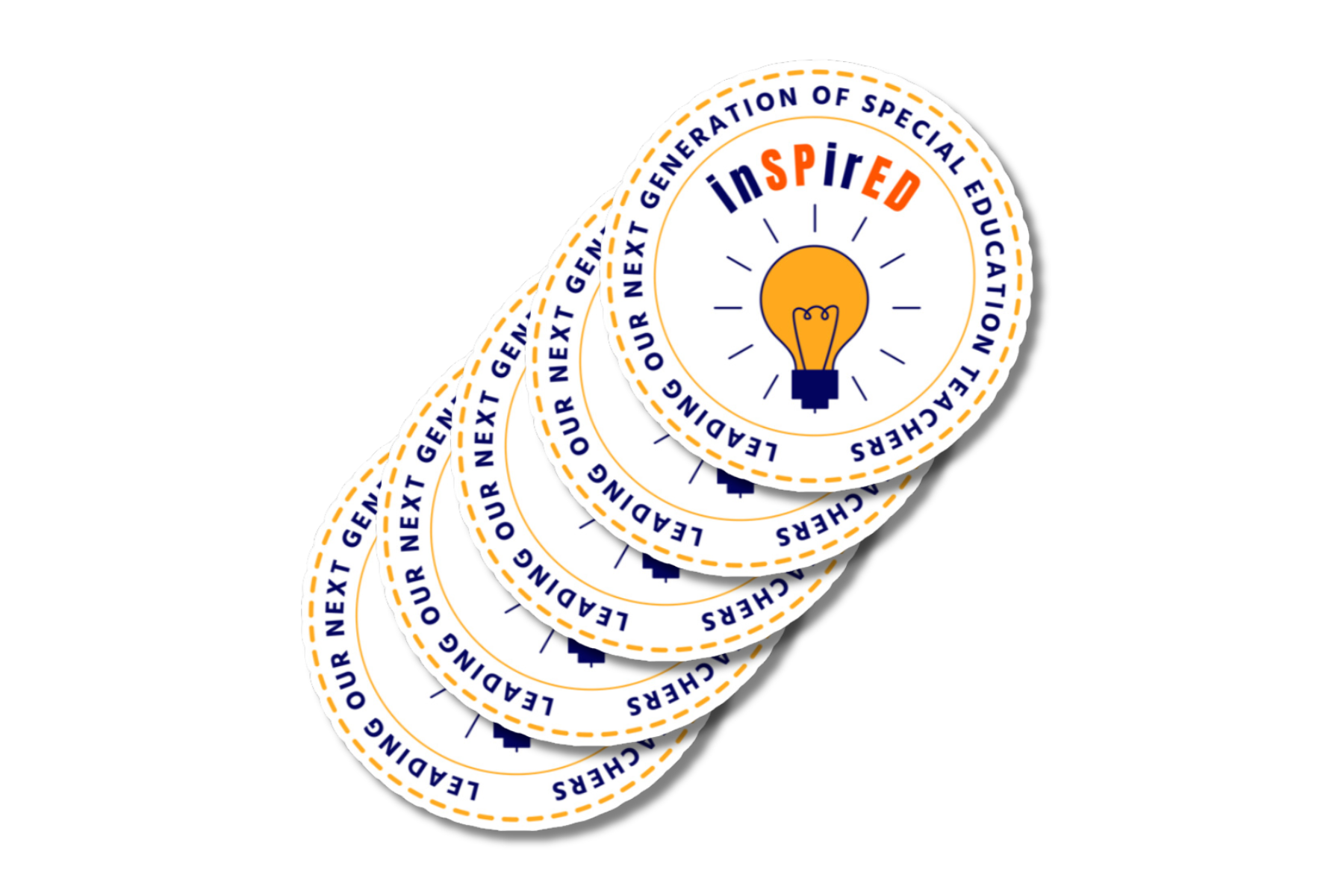 "A stack of round stickers featuring the word 'inSPirED' in bold, colorful text with an illustration of a glowing light bulb in the center. The outer ring reads 'Leading Our Next Generation of Special Education Teachers' in dark blue text, surrounded by a dashed yellow border.