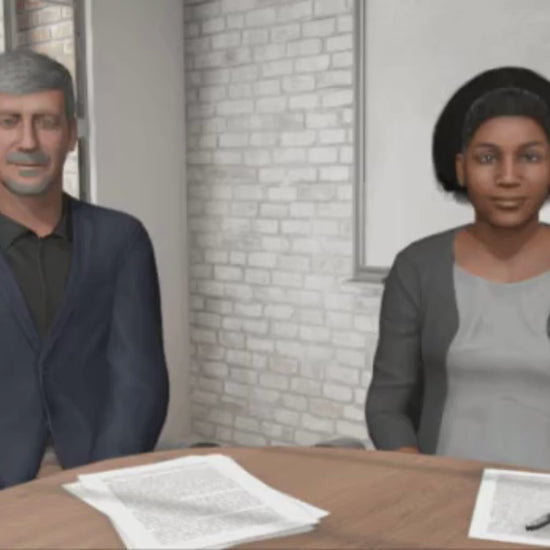 This image features two virtual avatars seated at a table in an educational setting, part of an experiential reality simulation. The avatars are engaged in a discussion, and the environment appears to be an office or classroom with a modern, light-colored background. There is not sound included in this video.