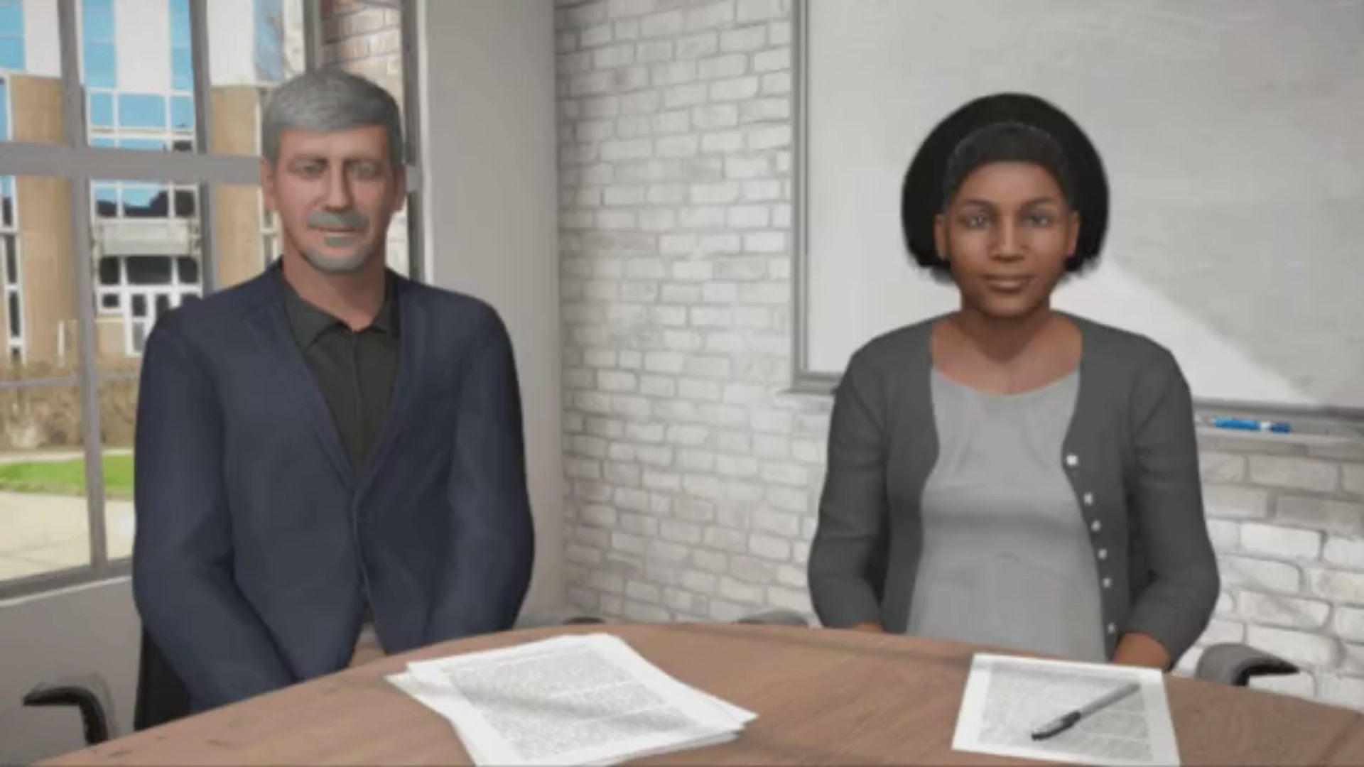 This image features two virtual avatars seated at a table in an educational setting, part of an experiential reality simulation. The avatars are engaged in a discussion, and the environment appears to be an office or classroom with a modern, light-colored background. There is not sound included in this video.